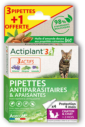 Pipettes antiparasitaires pour Chaton et chats <5kg par Actiplant - Solution naturelle contre les puces et les tiques.