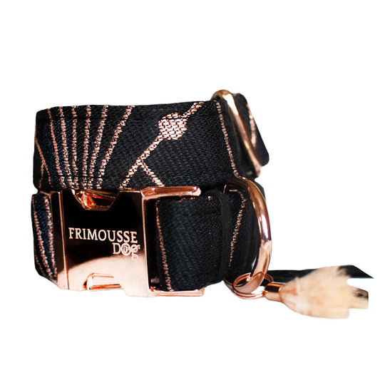 Collier pour chien VILLOW de Frimousse Dog - Accessoire chic en tissu coton premium noir et cuivre pailleté.