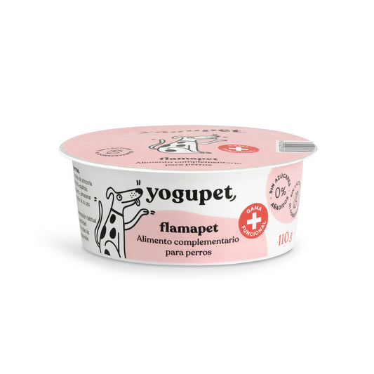 Yaourt sans lactose pour chien Flamapet de Yogupet - Une délicieuse friandise fonctionnelle enrichie en curcuma, chicorée, inuline et collagène pour des articulations en bonne santé.
