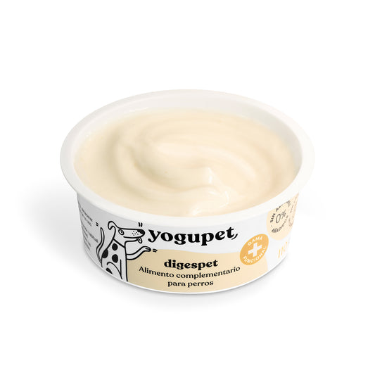  Yaourt sans lactose pour chien DigestPet de Yogupet - Une délicieuse friandise fonctionnelle enrichie en huile d'olive, inuline et lin pour une digestion saine.