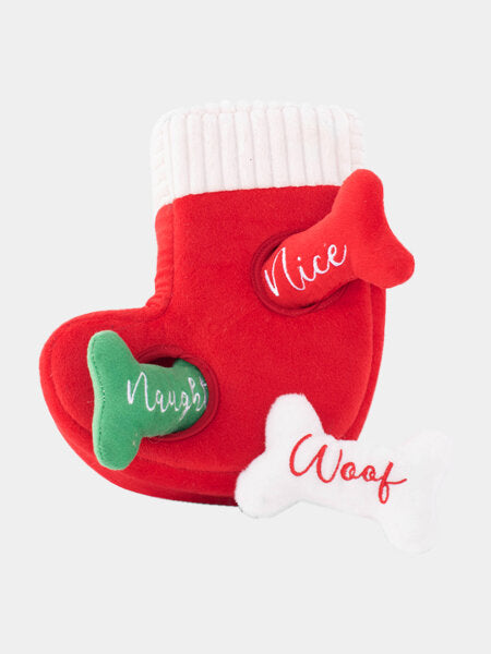 Chaussette de Noël avec 3 Os de Noël pour Chien ZippyPaws - Jouet d'occupation pour chien de Noël 2023. 3 os en peluche avec squeakers pour le plaisir de votre chien.
