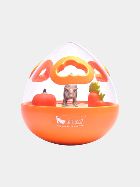 Jouet Distributeur de Friandises Wobble Ball Orange Pet PLAY - Jouet d'enrichissement pour chien, avec ouvertures en forme de nuage pour les friandises. Facile à entretenir et parfait pour Halloween.