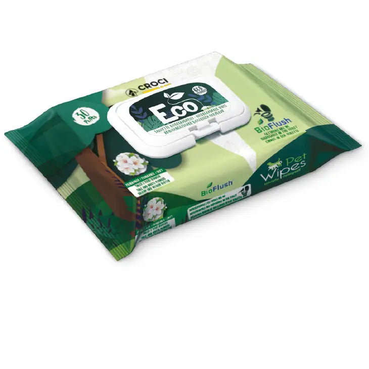 Lingettes Humides Eco PetWipes pour Chiens et Chats - Nettoyez efficacement votre animal tout en préservant l'environnement. Lingettes biodégradables au thé vert et à la chlorhexidine. 30 lingettes par paquet. Fabriqué par Croci®.