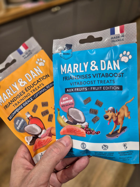 Tendres Bouchées Format Poche - Friandises pour Chien au Saumon (20g) - Marly & Dan chez DOG DELICAT. Friandises naturelles pour l'éducation et le bien-être des chiens.