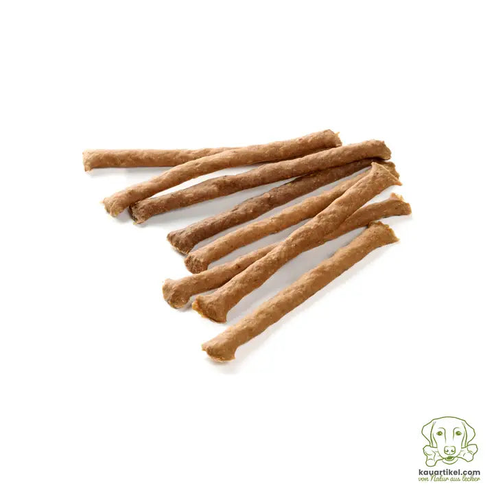 Bâtonnets de poulet AYKA 50g, friandises naturelles pour chien, 96% poulet, sans conservateurs ni additifs, snack sain et savoureux pour chiens.