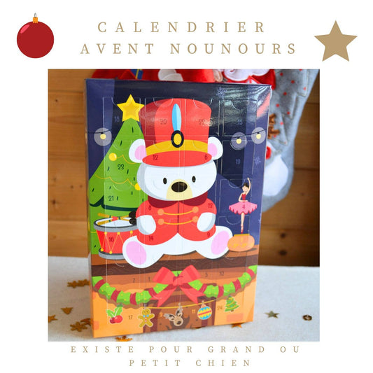 Image du calendrier de l’Avent Crocandiz spécial petits chiens, décoré d’un motif de Nounours de Noël, contenant 24 biscuits naturels bio.