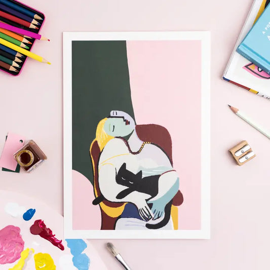Illustration de l'affiche "Picatso Cat Lady" de Niaski, mettant en valeur le portrait artistique d'un chat inspiré de Pablo Picasso.