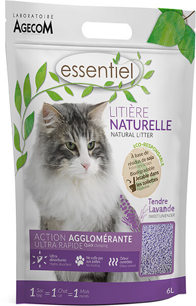 Litière naturelle Essentielle à la lavande - Propreté et confort pour votre chat. Fabriquée par Laboratoire Agecom, disponible chez DOG DELICAT