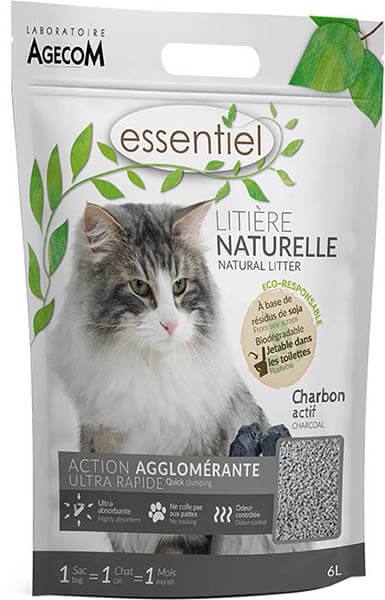 Litière naturelle Essentielle au charbon - Propreté et confort pour votre chat. Fabriquée par Laboratoire Agecom, disponible chez DOG DELICAT