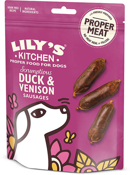 Saucisses pour chien au canard et au chevreuil de Lily's Kitchen, disponibles sur DOG DELICAT