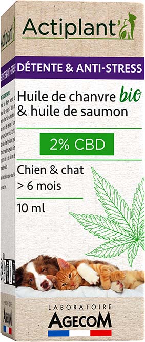 Huile de chanvre bio 2% CBD et huile de saumon pour chien & chat. Apaisez votre animal naturellement avec Actiplant'. Disponible chez DOG DELICAT.