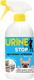 Spray nettoyant intérieur chien Urine Stop. Éliminez les tâches et les odeurs d'urine. Protégez votre habitat avec DOG DELICAT.