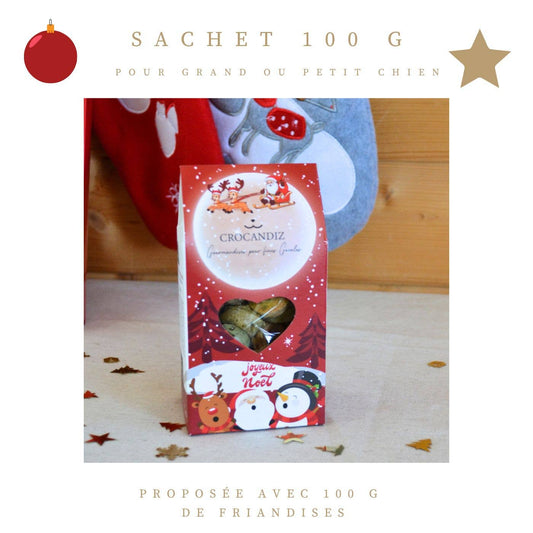 Sachet de Noël Crocandiz pour chien, 100 g de friandises naturelles aux saveurs agneau, bœuf, canard, poulet, poisson