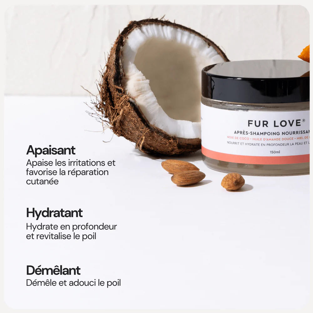 Après-shampoing Fur Love pour chiens, hydrate et démêle les poils, apaisant les irritations et apportant un parfum doux et naturel.