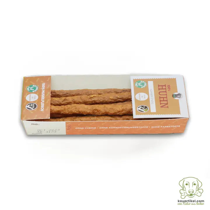 Bâtonnets de poulet AYKA 50g, friandises naturelles pour chien, 96% poulet, sans conservateurs ni additifs, snack sain et savoureux pour chiens.