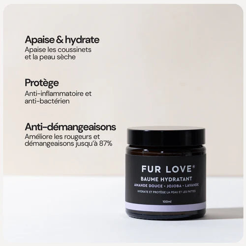 Baume hydratant Fur Love pour chiens, idéal pour réparer et protéger les coussinets, la truffe et les zones sèches.