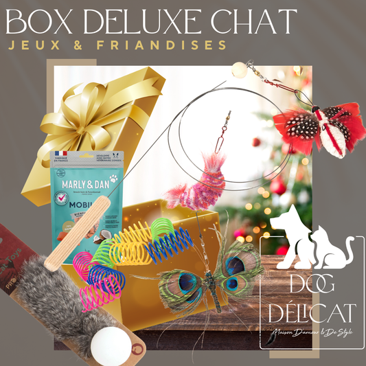 Box Deluxe Noël pour chat : jouets naturels Profeline (canne à pêche, pendentifs, balle en fourrure, ressorts colorés) et friandises au saumon Marly & Dan.