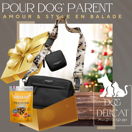 Box Cadeau pour les DOG'Parent : sac de promenade noir avec bandoulière ivoire, pochette à friandises assortie et sachet de bouchées naturelles pour chiens.