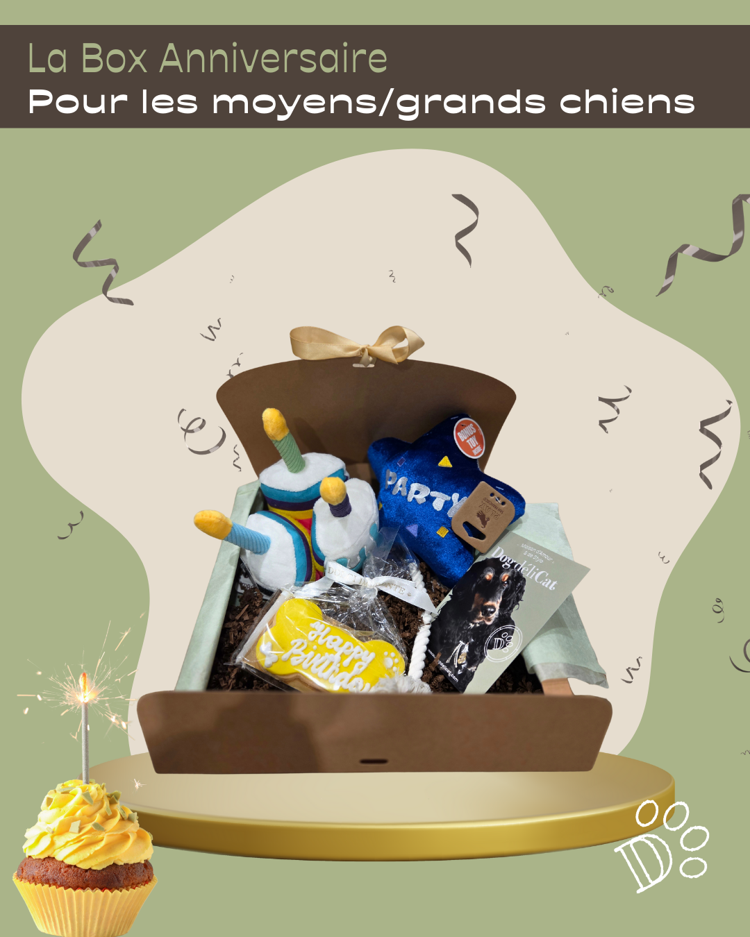 Box anniversaire grand chien jouets et biscuit