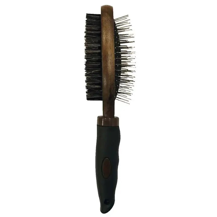 Brosse double faces pour chien Barbershop de Croci avec poignée ergonomique en caoutchouc antidérapante.