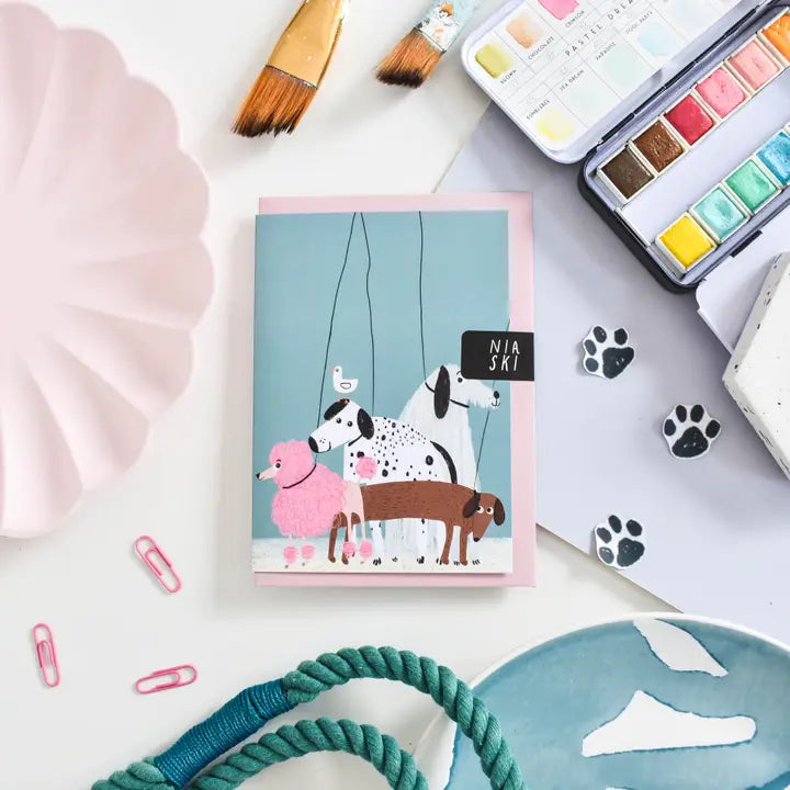 Carte postale chien Walkies Dog Niaski – illustration arty et humour canin