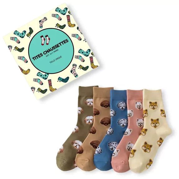 Chaussettes longues avec motif de têtes de chiens sur fond multicolore - Collection Tites Chaussettes