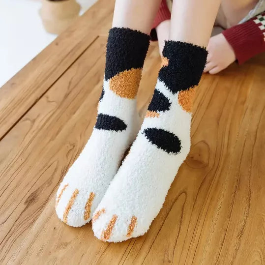 Chaussettes d'hiver molletonnées avec motifs pattes de chats colorés, en coton stretch, pour un confort et une chaleur optimaux.