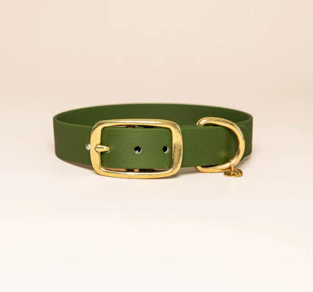 Collier pour chien imperméable Fidèle Paris "L'aventurier" - vert olive avec bouclerie en laiton doré.