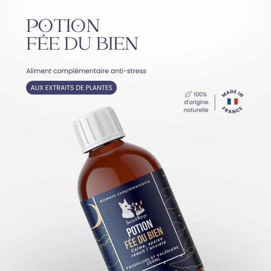 Complément alimentaire anti-stress naturel pour chien et chat – Potion Fée du Bien, à base de plantes apaisantes