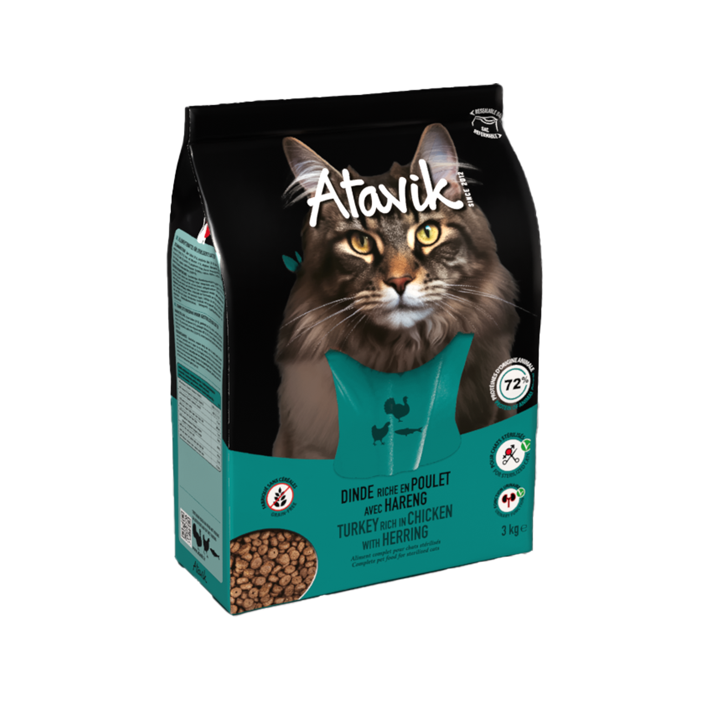 Croquettes chat sans céréales Dinde Poulet Hareng – Atavik – DOG DéliCAT