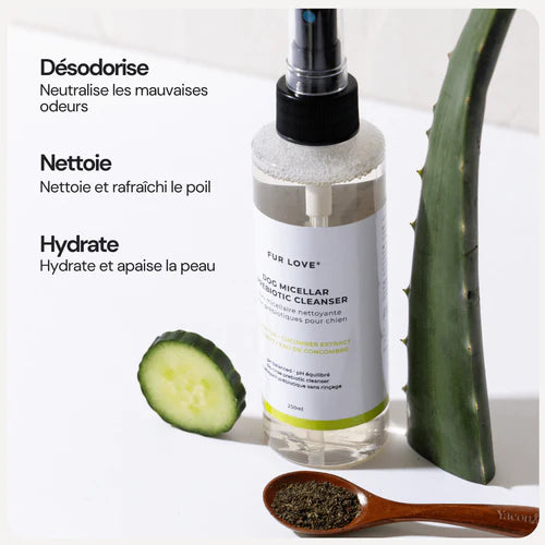 Eau micellaire Fur Love, un nettoyant sans rinçage pour chien, hydratant et rafraîchissant, idéal pour les zones sensibles et entre les lavages.