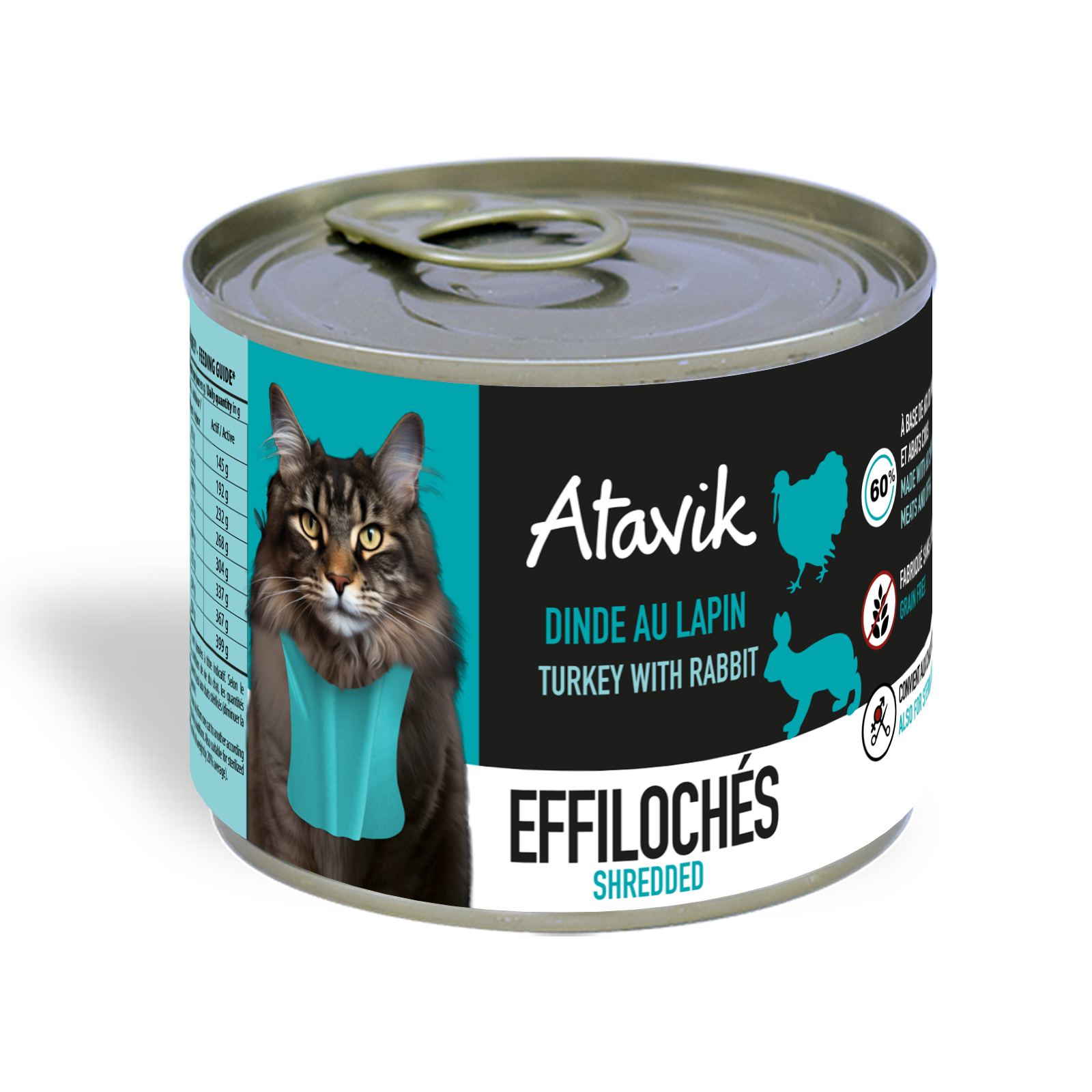 Pâtée sans céréales pour chat – Effilochés Dinde Lapin (200g)