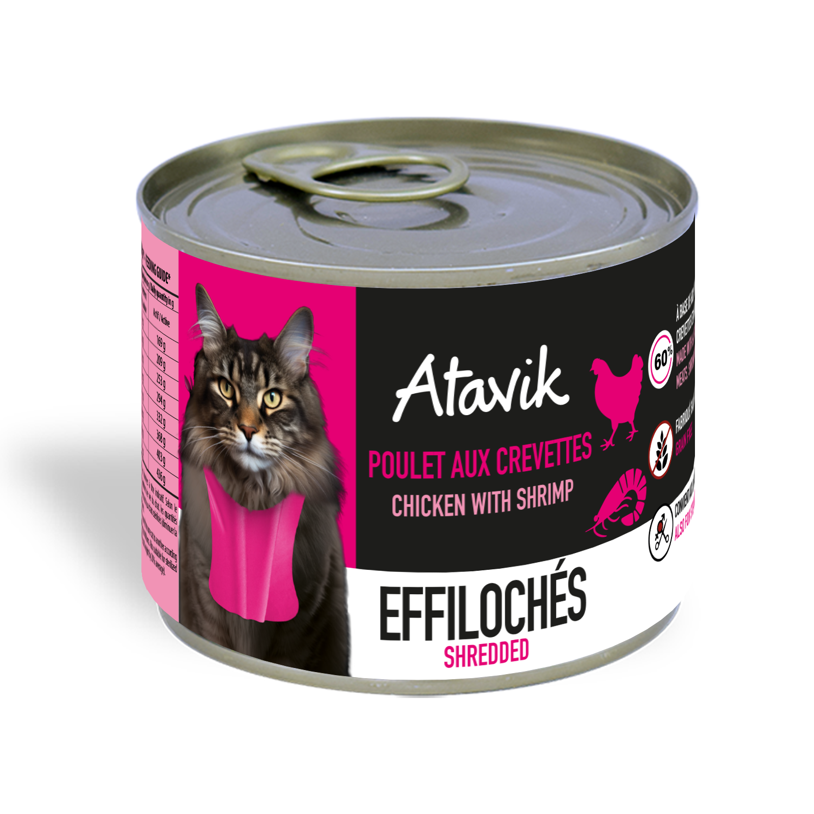 Pâtée sans céréales pour chat – Effilochés Poulet & Crevettes (200g)