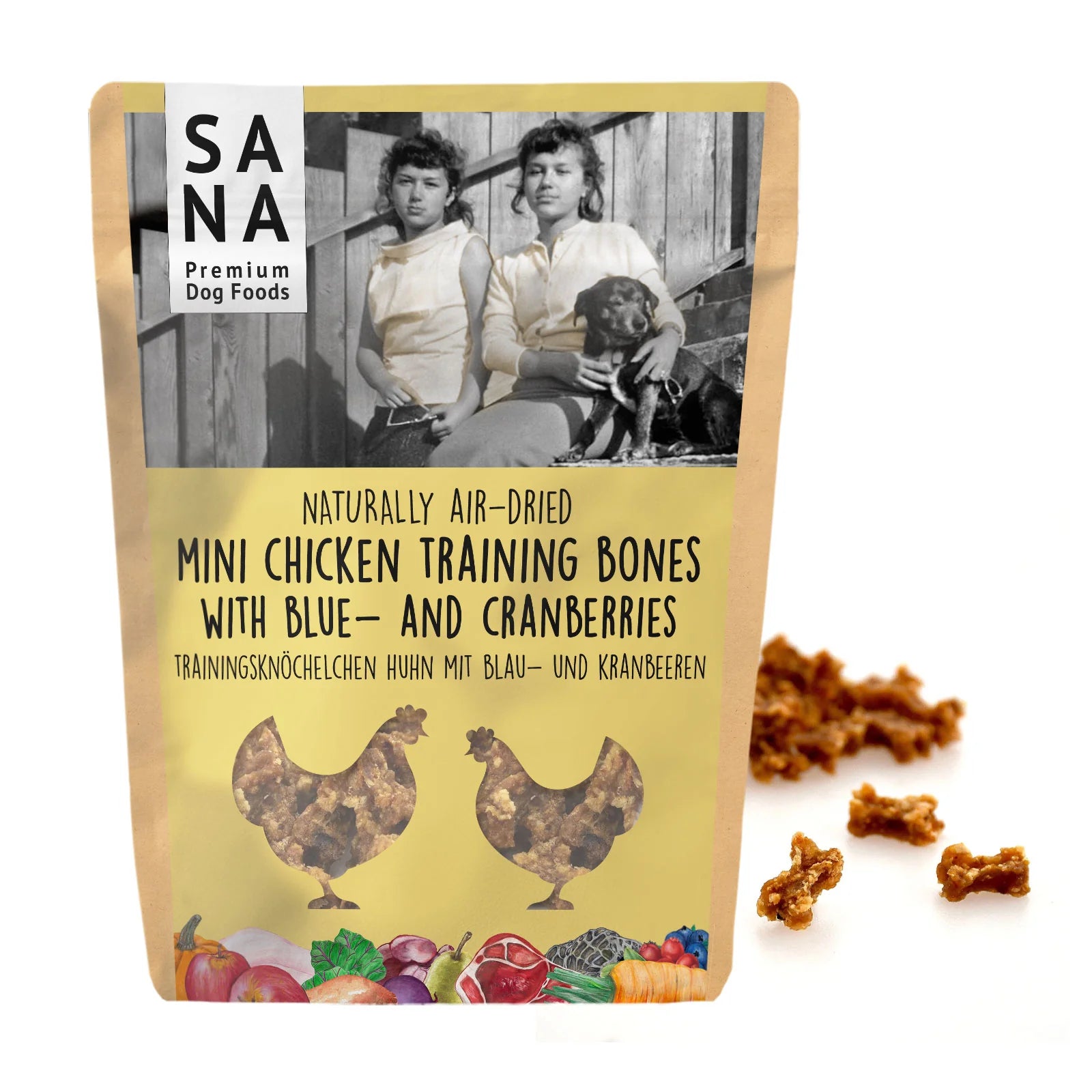 Friandises d'entraînement pour chiens Sana à base de poulet, myrtilles et canneberges en sachet de 100g.