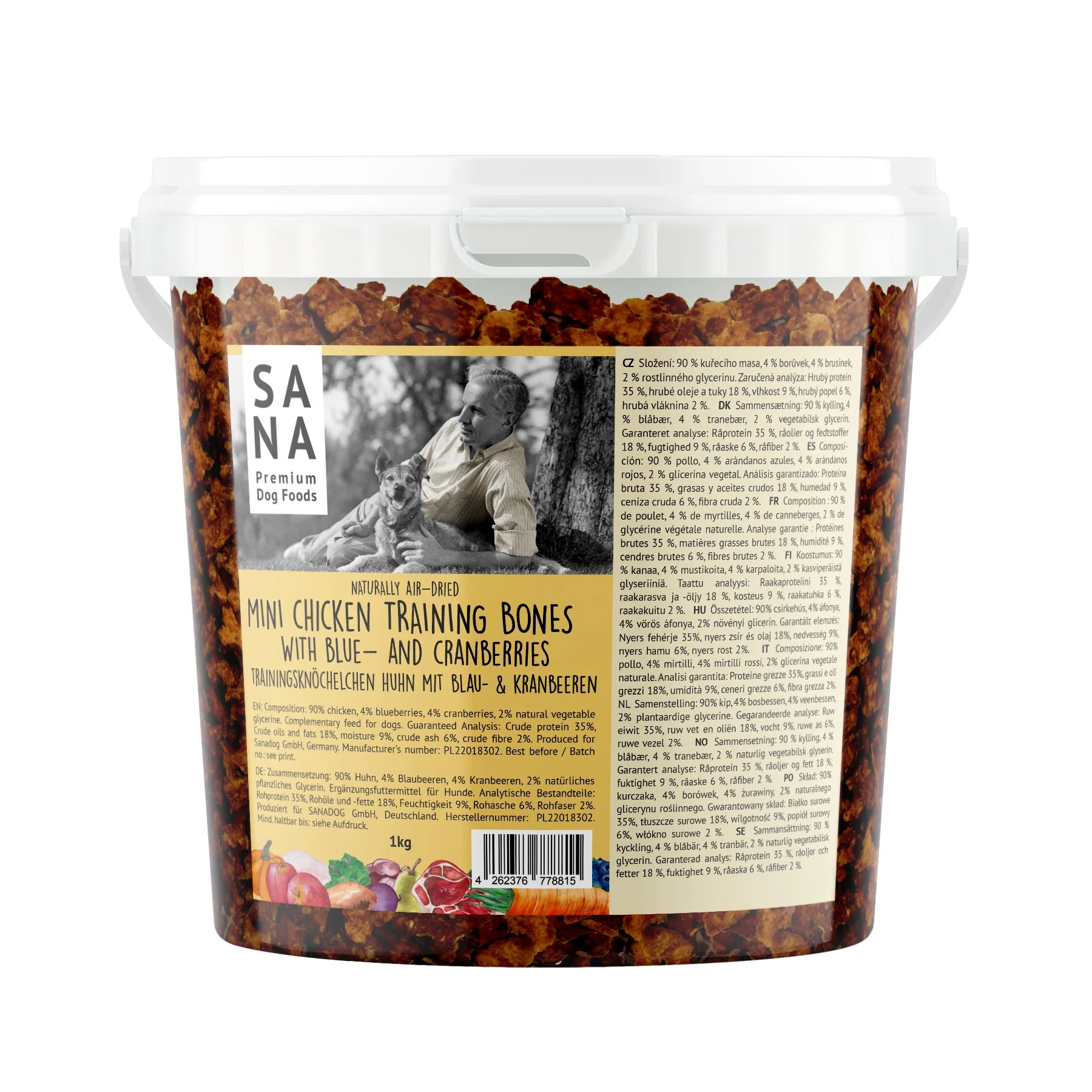 Friandises d'entraînement pour chiens Sana à base de poulet, myrtilles et canneberges en seau de 1kg.