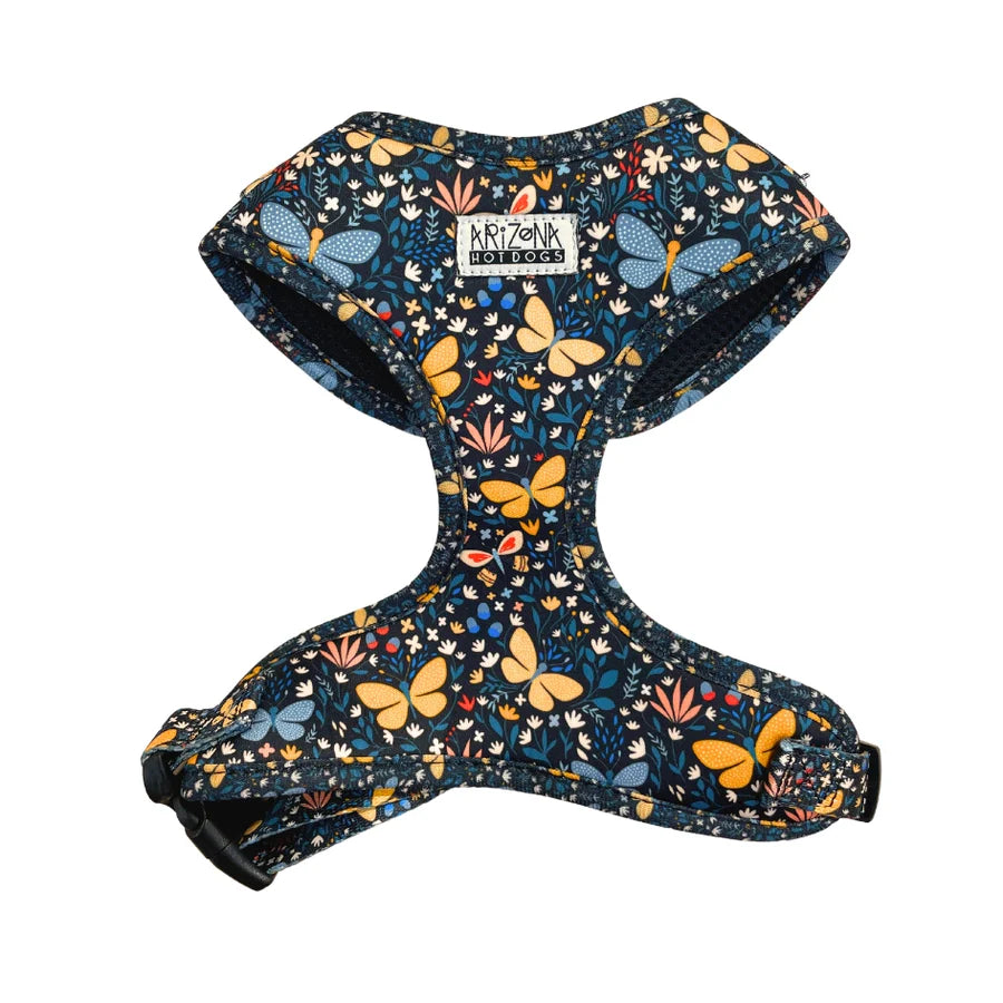 Harnais Butterfly ajustable en H, motif papillons, respirant et confortable.