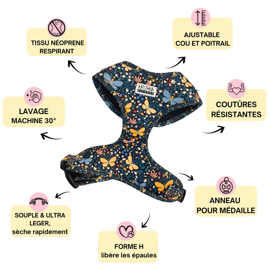 Harnais Butterfly ajustable en H, motif papillons, respirant et confortable.