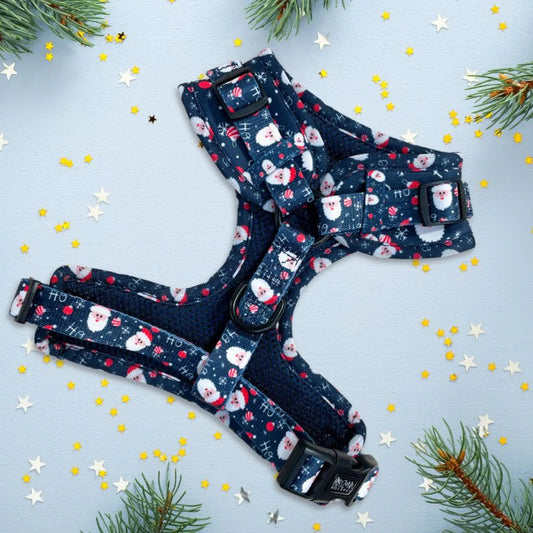 Harnais de Noël pour chien HoHoHo d'Arizona Hotdogs, bleu nuit avec motifs père Noël, réglable et confortable.