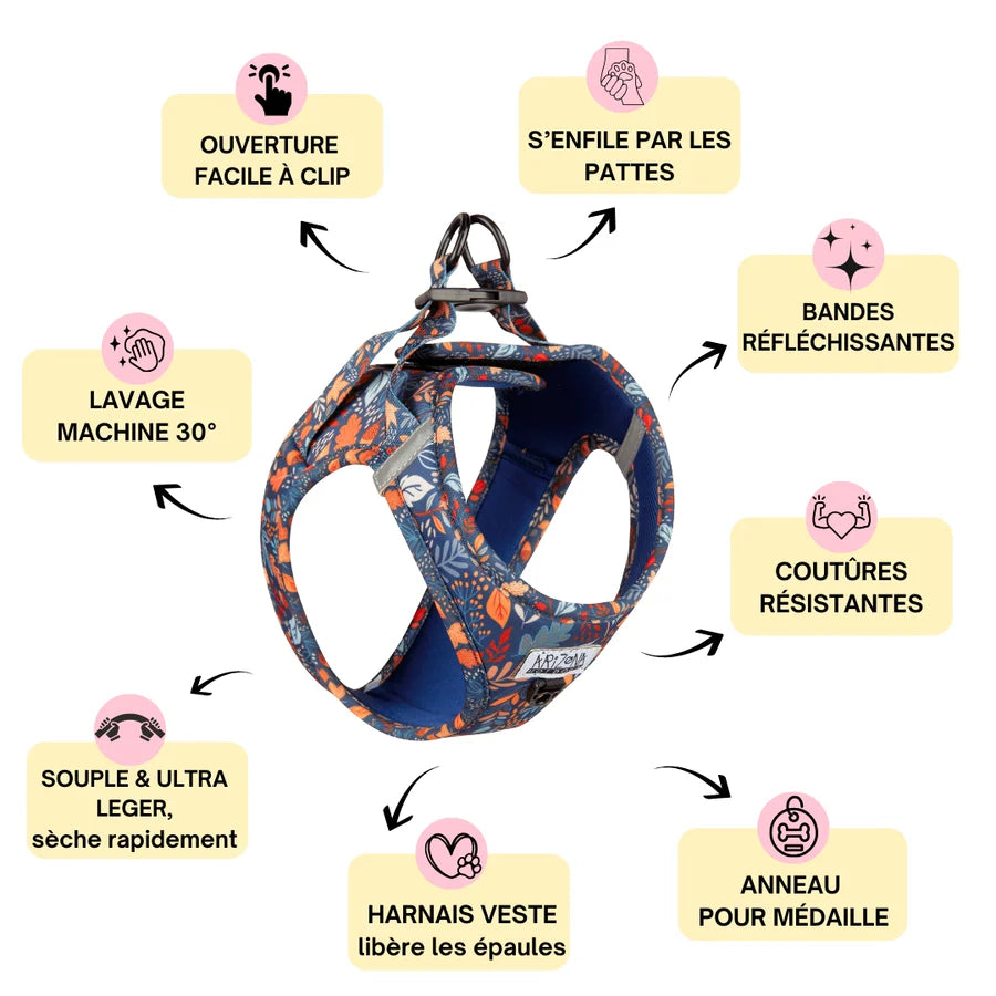 harnais veste chien bleu motif feuilles – Arizona Hotdogs