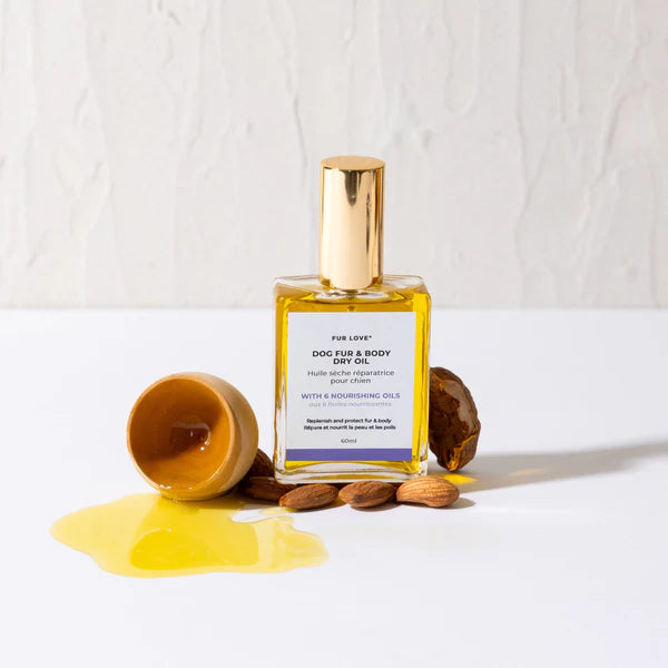 Huile de soin Fur Love pour chien, idéale pour nourrir, protéger et apporter brillance et souplesse au poil et à la peau.