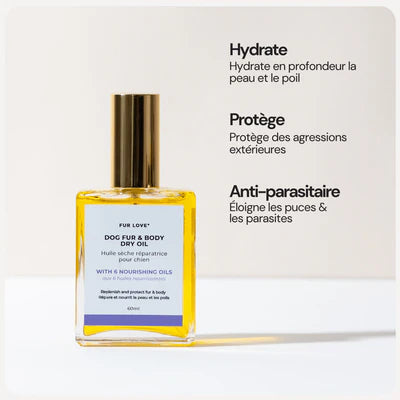 Huile de soin Fur Love pour chien, idéale pour nourrir, protéger et apporter brillance et souplesse au poil et à la peau.