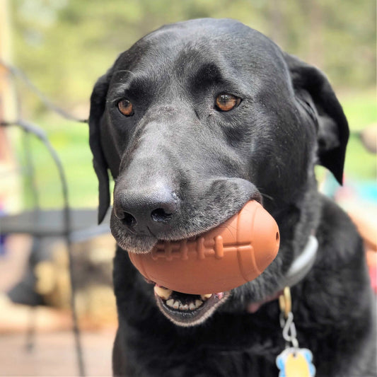 Jouet d'occupation pour chien SodaPup en forme de Ballon de rugby 🏉 en caoutchouc naturel, pour friandises.