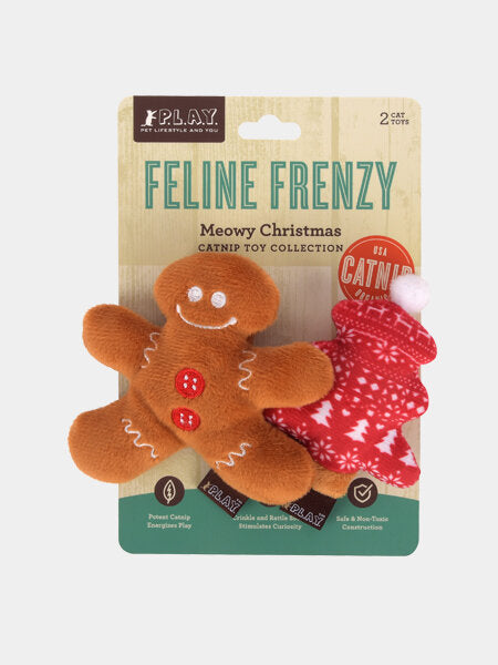 Duo de jouets de Noël pour chat en forme de pain d’épices et sapin, avec herbe à chat biologique - Pet PLAY