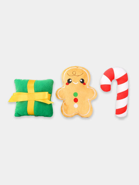 Jouet interactif de Noël pour chien Hotte du Père Noël HugSmart avec trois petits jouets couineurs cachés.