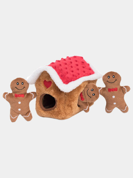 Maison de Noël Pain d'Épices ZippyPaws avec bonhommes couineurs pour chien, jouet d'occupation en peluche.