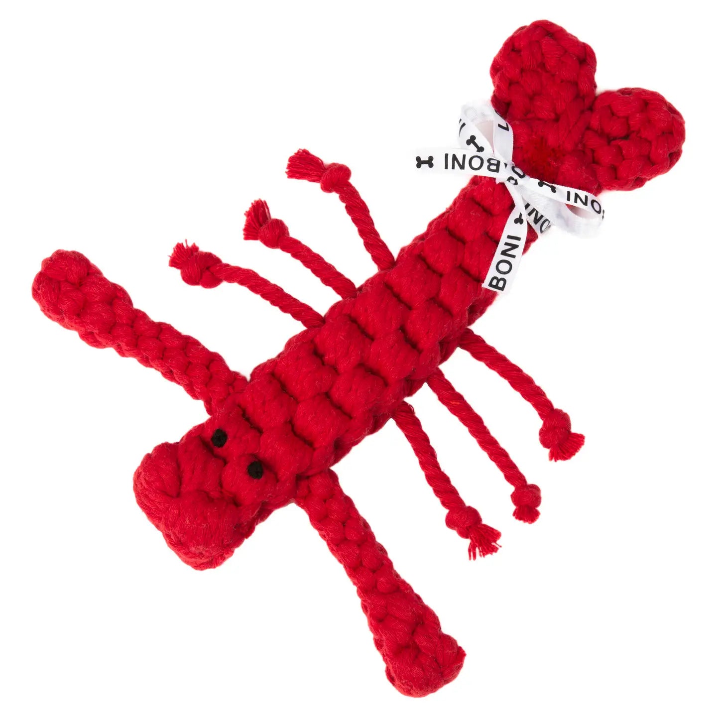 Jouet en corde Hugo le Homard de Laboni, en coton naturel rouge noué à la main.