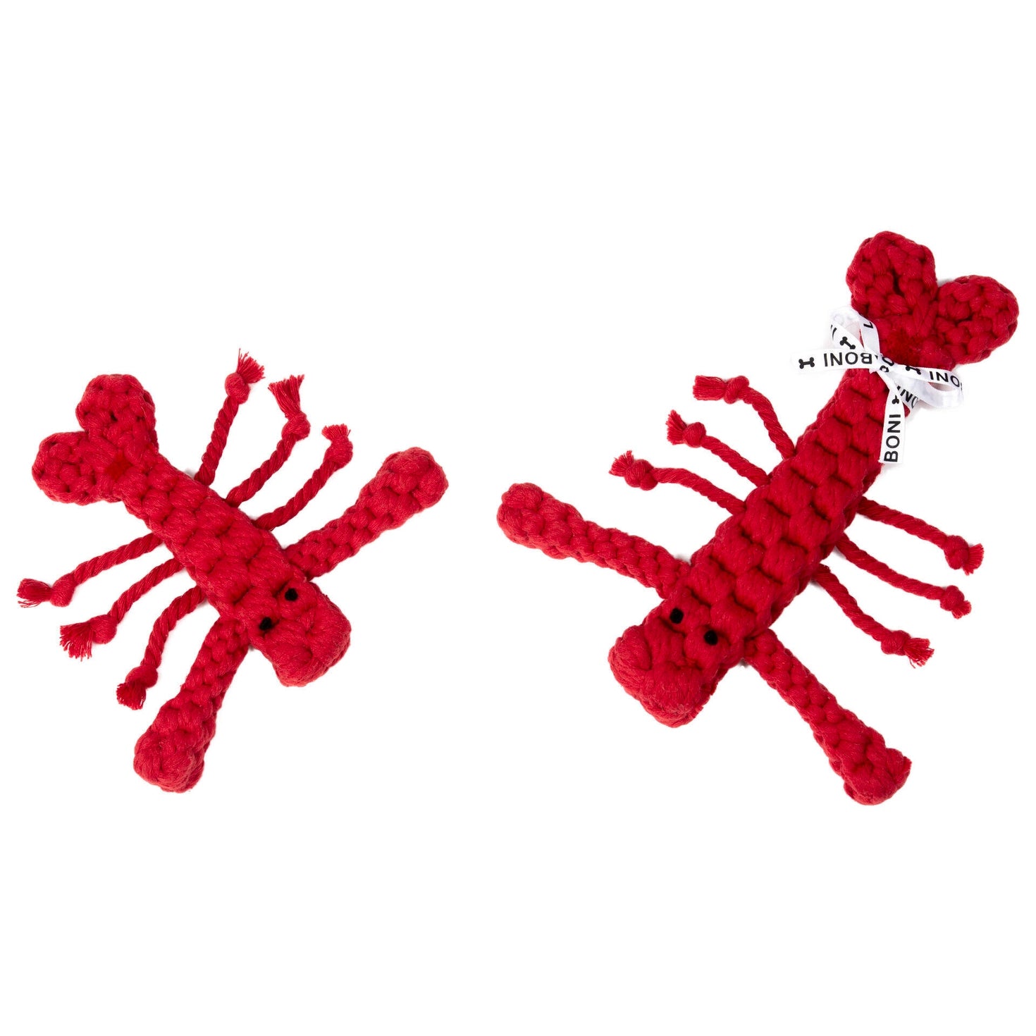 Jouet en corde Hugo le Homard de Laboni, en coton naturel rouge noué à la main.