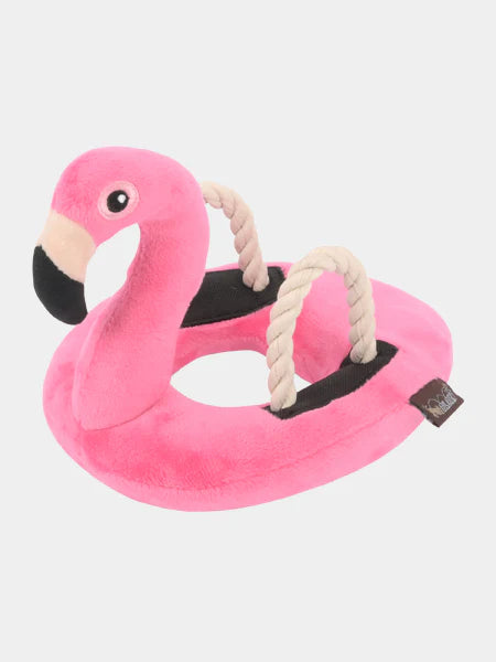 Jouet en peluche pour chien en forme de Bouée Flamant Rose 🦩 de la collection Tropical Paradise de Pet Play, avec poignées en cordes et rembourrage écologique.
