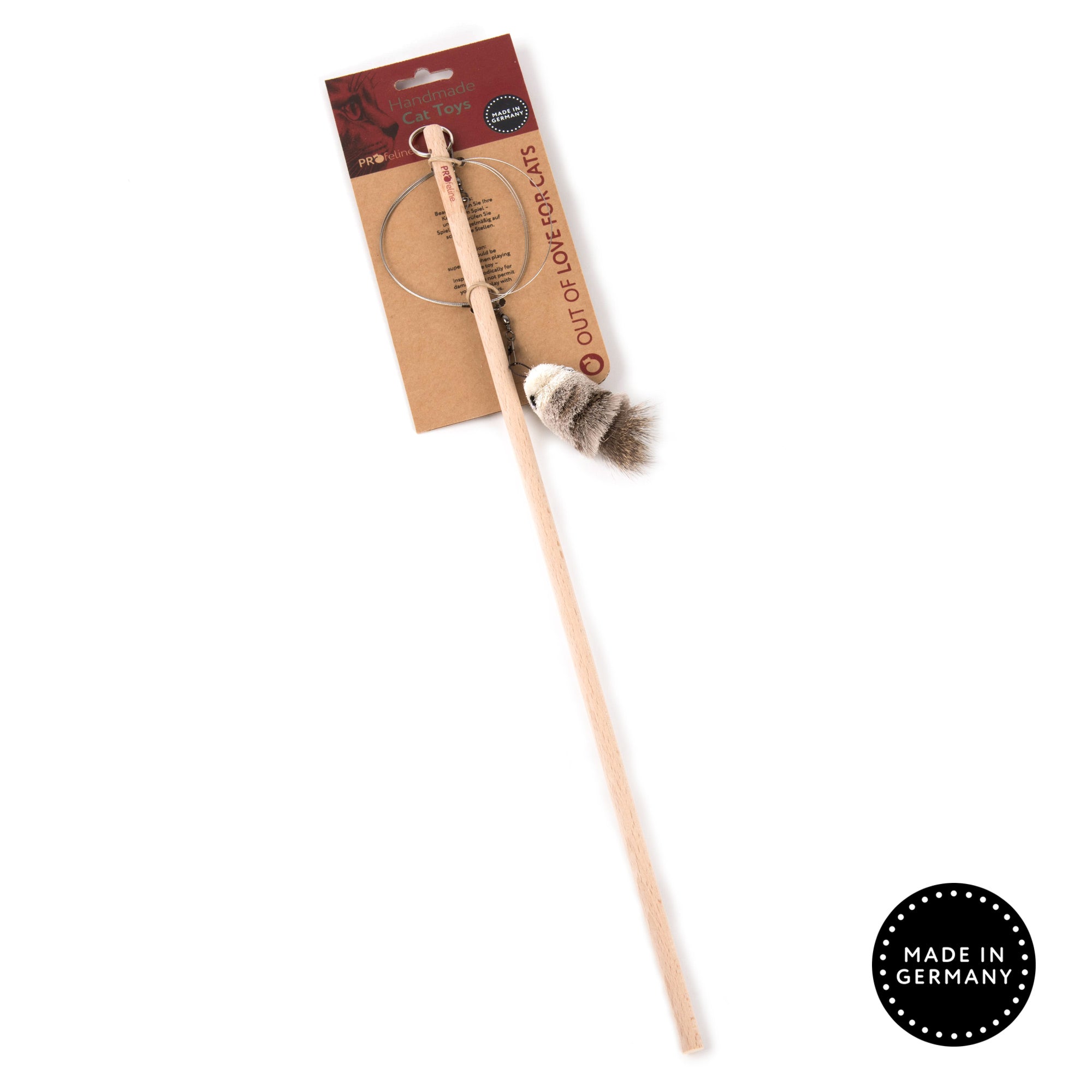 Jeu de canne pour chat Woody Swirl avec souris en poils de cerf, tige en bois de hêtre et mousquetons rotatifs, signé Profeline.