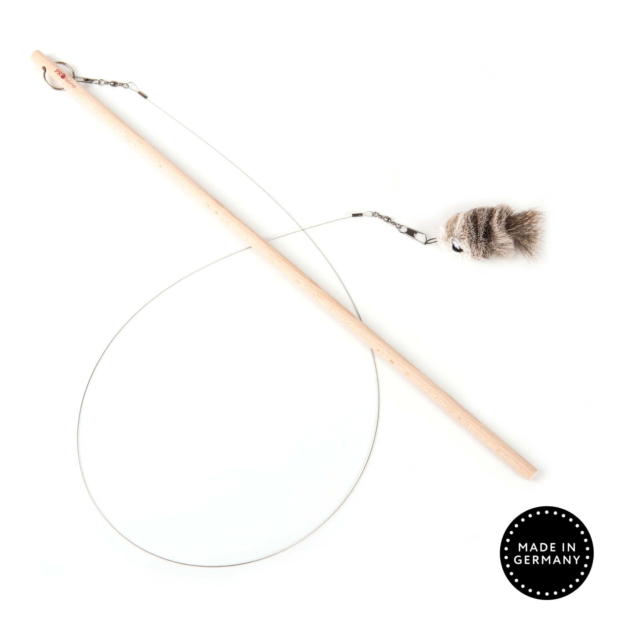 Jeu de canne pour chat Woody Swirl avec souris en poils de cerf, tige en bois de hêtre et mousquetons rotatifs, signé Profeline.